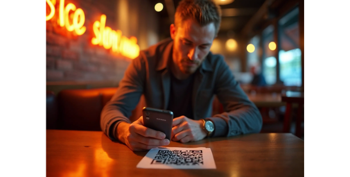 Customer scanning a QR code at a restaurant, with mobile menu display on their phone.